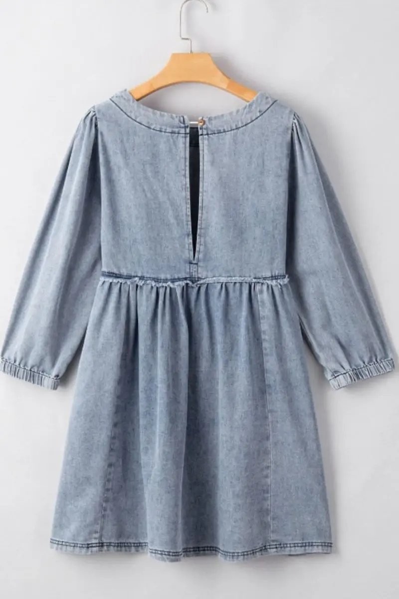 Cutout Round Neck Balloon Sleeve Denim Dress - Love Salve